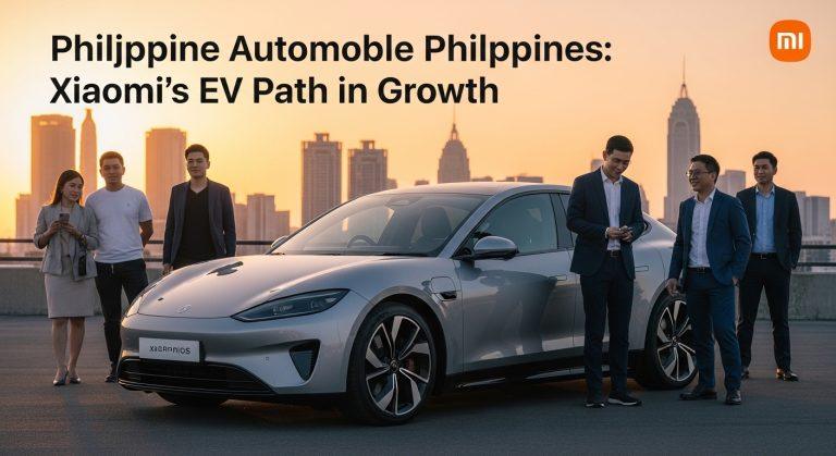 Xiaomi EV concept car showcased in a Manila showroom with city lights in the background.