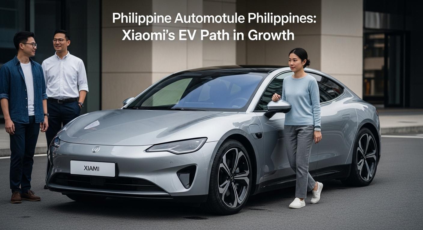 Xiaomi EV concept car showcased in a Manila showroom with city lights in the background.