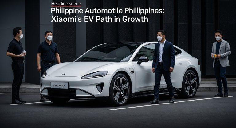 Xiaomi EV concept car showcased in a Manila showroom with city lights in the background.
