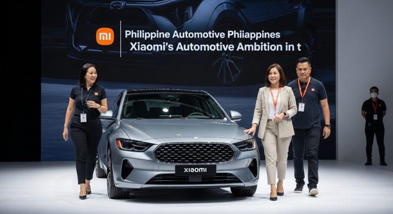 Xiaomi automotive concept car in a Philippine cityscape with connected devices