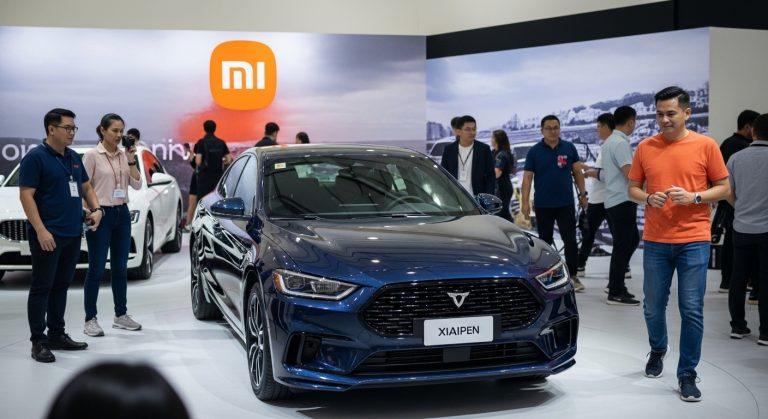 Xiaomi automotive concept car in a Philippine cityscape with connected devices