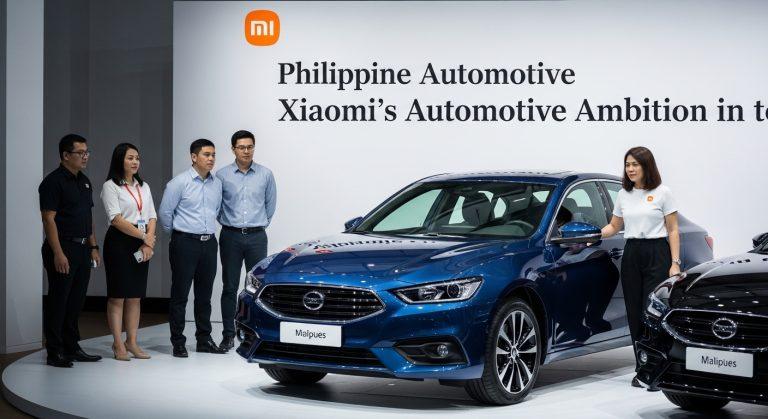 Xiaomi automotive concept car in a Philippine cityscape with connected devices
