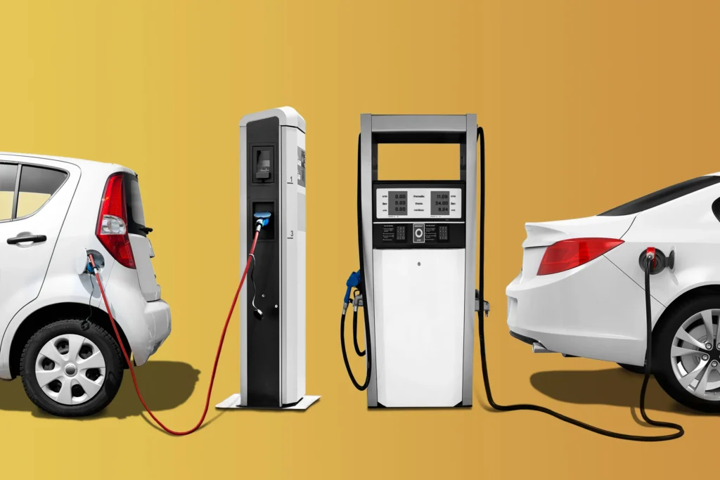 electric car charging vs gas fuel station comparison
