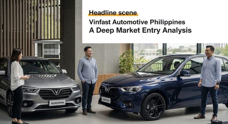 VinFast EVs displayed at a Philippine showroom with urban backdrop