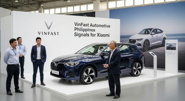 VinFast showroom in the Philippines showing a connected car concept with Xiaomi branding.