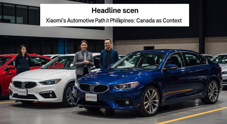 Futuristic Xiaomi automotive cockpit amid Philippines cityscape and Canada symbolism.