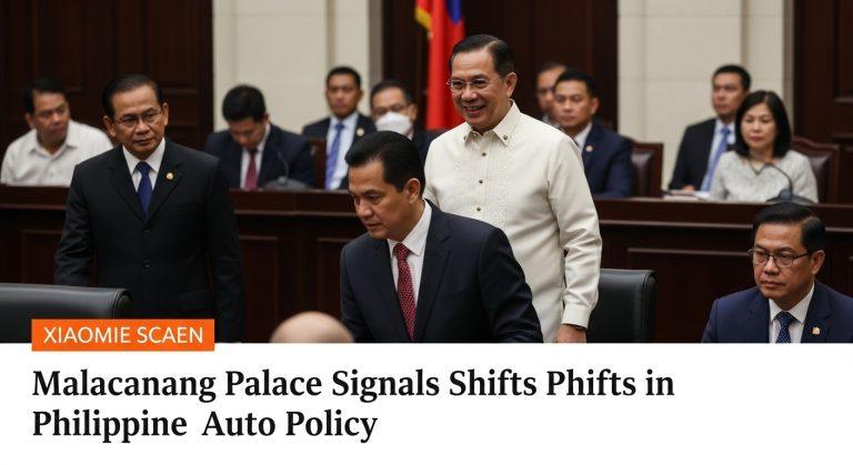 Editorial illustration depicting Malacanang Palace and Philippine auto policy context.