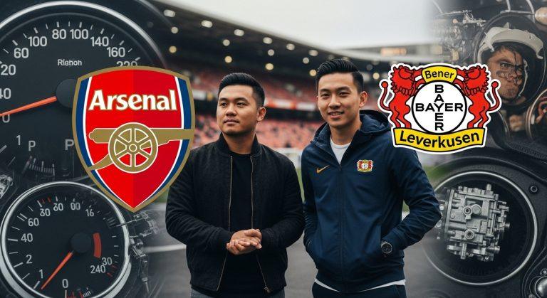 Editorial collage of Arsenal and Leverkusen with automotive performance motifs for a deep-dive analysis