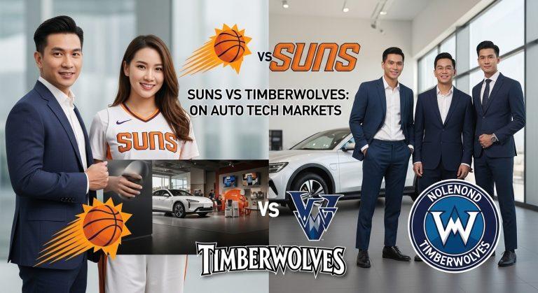 Editorial collage showing Suns vs Timberwolves with automotive showroom imagery representing sports-market link to auto-